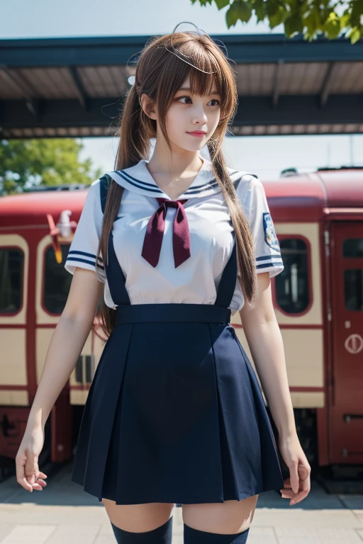 ltra-detailed,highly detailed,best quality,masterpiece,illustration,realistic,photorealistic,
clannad, hikarizaka private high school uniform, summer uniform,
1girl, solo, cosplay,
serafuku, short sleeves shirt, sailor collar, suspender skirt, thighhighs, neck ribbon,
bangs, hair ornament, very long hair, ponytail,
looking at viewer, standing, cowboy shot,
outdoors, photo background, train station, plant, day, window,
<lora:clannad_v1_07:0.6>