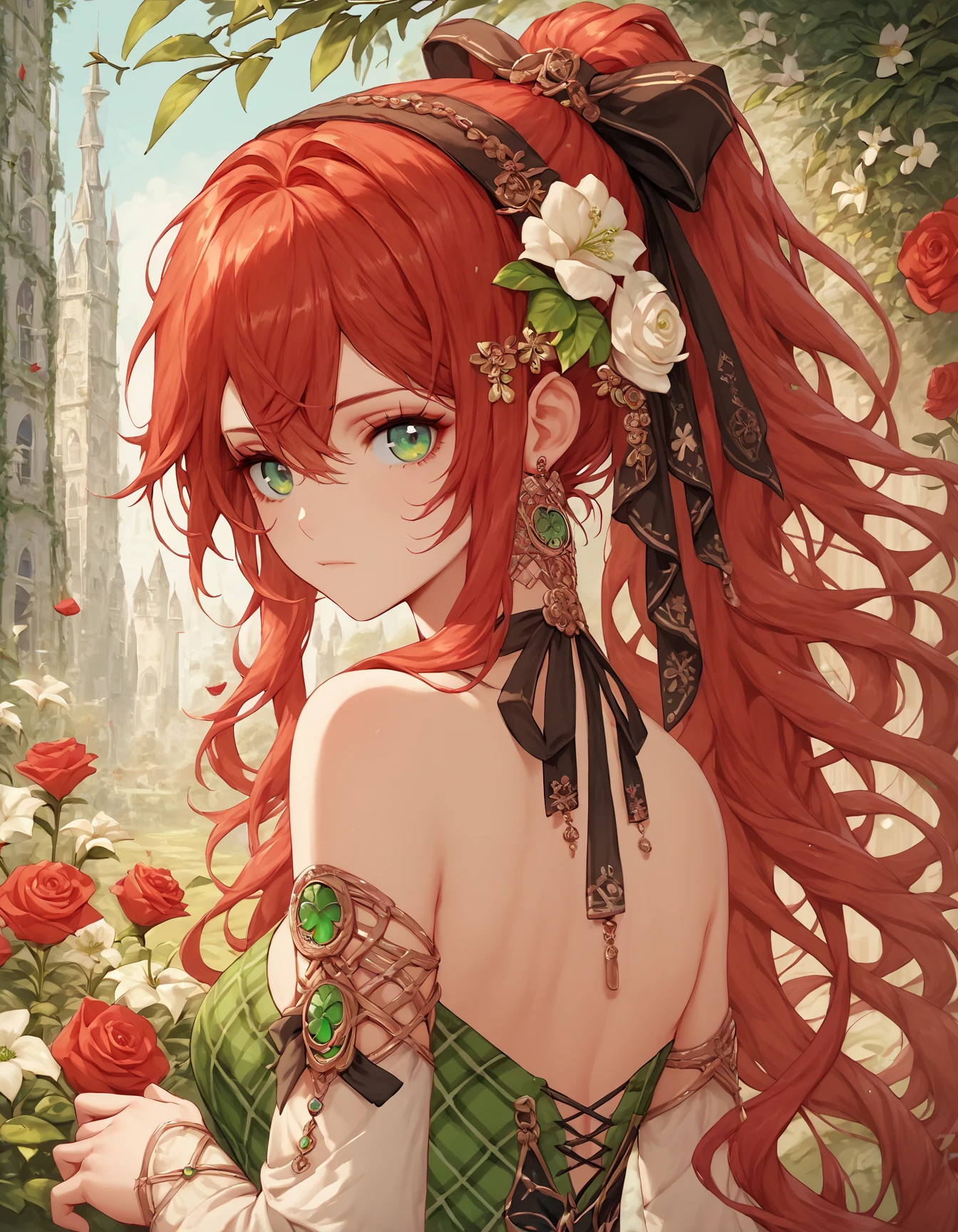 score_9, score_8_up, score_7_up, score_6_up, score_5_up, score_4_up, 1girl, solo, red hair, irish, long hair, looking at viewer, hair ornament, green eyes, dress, ribbon, hair between eyes, bare shoulders, jewelry, closed mouth, hair ribbon, upper body, ponytail, flower, sidelocks, hairband, earrings, detached sleeves, looking back, hair flower, rose, plaid dress, black ribbon, white flower, outdoors, Ireland, cottagecore, red flower, crossed bangs, four leaf clover, celtic theme