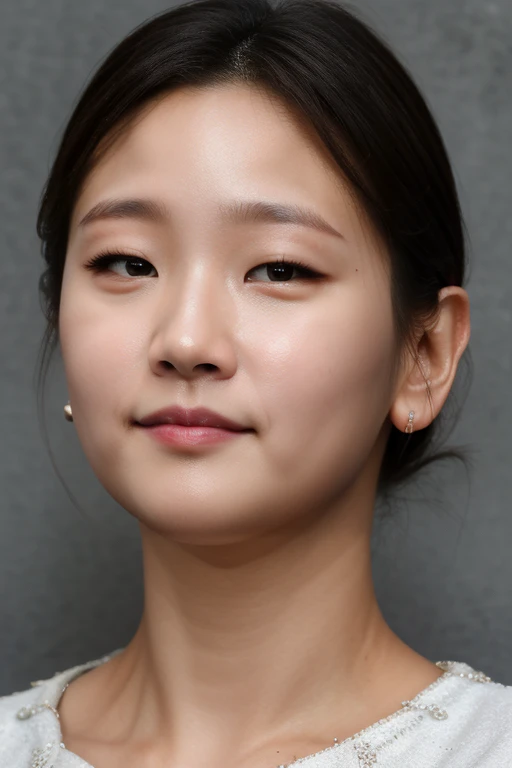 masterpiece, best quality, ultra-detailed, ultra high res, (photorealistic:1.4), raw photo, (realistic:0.2), 8k HDR, realistic lighting, 1girl, solo, looking at viewer, asymmetrical hair, (detailed oily skin), (detailed face), (simple gray background :1.1), (upper body:1.2), simple white dress, sleeveless, closed mouth,