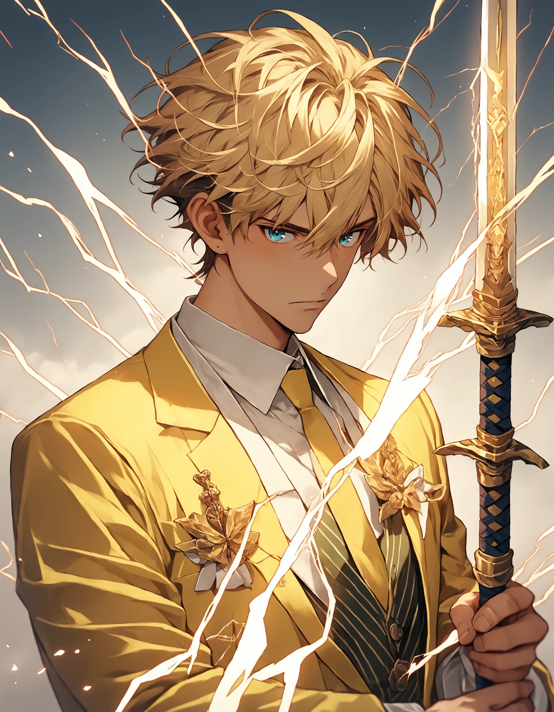 score_9, score_8_up, score_7_up, score_6_up, score_5_up, score_4_up, Niji Style, solo, 1boy, male focus, the anime character is wearing a yellow suit with a sword, in the style of anime aesthetic, barbara takenaga, 32k uhd, dmitri danish, detailed character illustrations, holding, holding a weapon, frederick sandys, use of light and shadow, lightning and magic flowing through the sword, source_anime, source_duskfallisgonnamakesourcesup, source_nijijourney, source_canimakeadhdmixnextpls , <lora:dusknijixlpony:1>