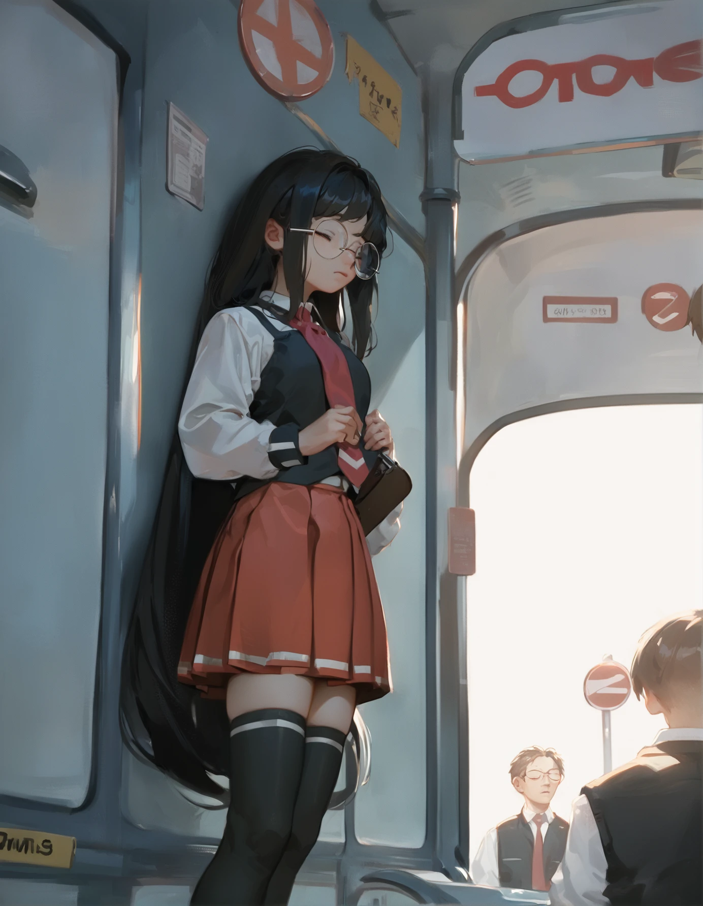 score_9,score_8_up,score_7_up, source_anime, raiting_questionable, a girl is standing in a bus stop, very long hair, round eyewear, closed eyes,
<lora:sweetonedollar_style_xl_v3:1> <lora:bible_black_uniform_xl_v3:0.8> school uniform, white shirt, black vest, black thighhighs, red skirt, red necktie