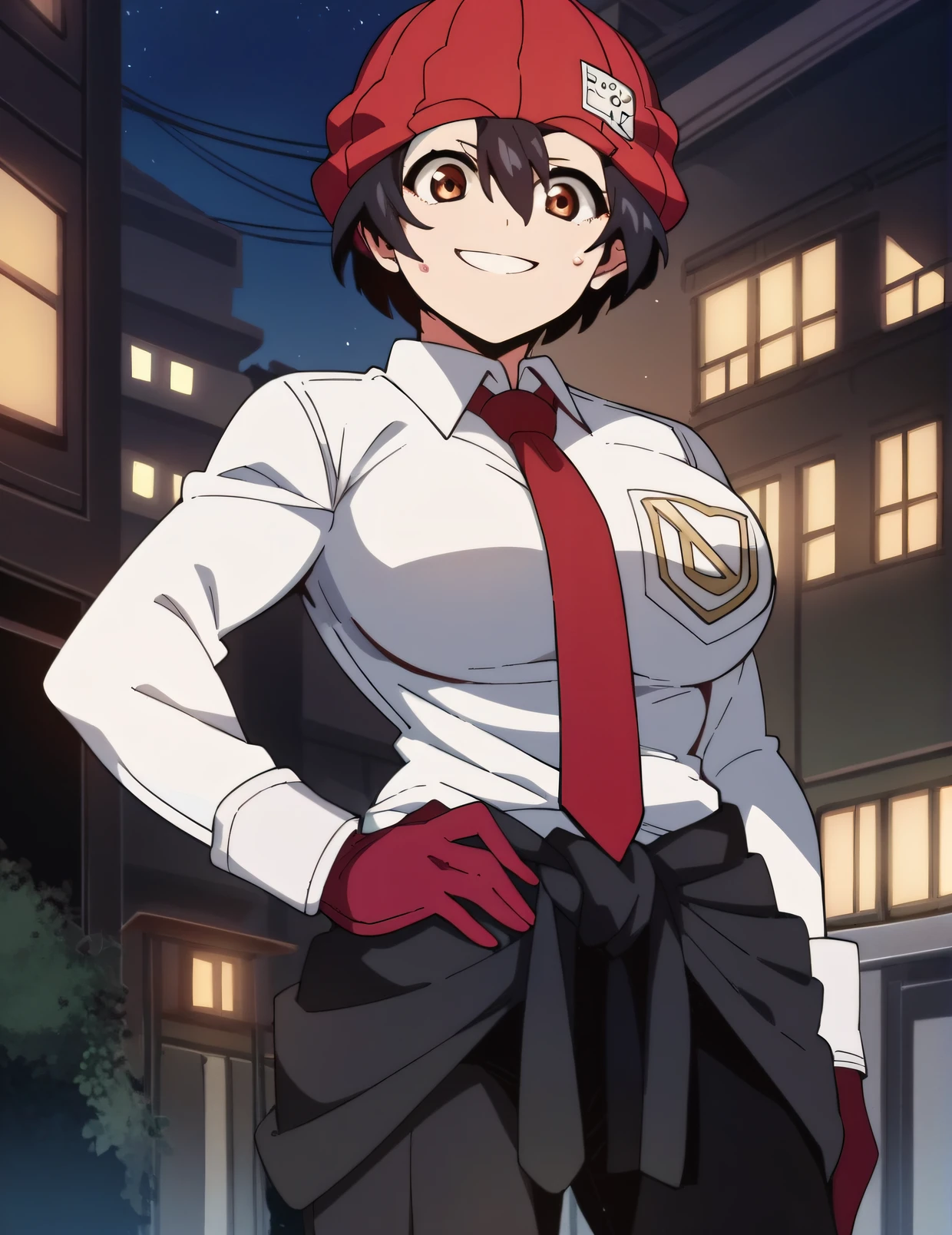 score_4, score_5, score_6, score_9, score_8_up, score_7_up,  source_anime, anime,  fuukoxl, black hair,short hair, brown eyes,large breasts, red gloves, red necktie, red headwear, red beanie, collared shirt, long sleeves, black pants, white shirt, clothes around waist, standing, cowboy shot, hand own hip, looking at viewer, smile,  outdoors,  city, night,  from below, <lora:izumo_fuuko-10:1>