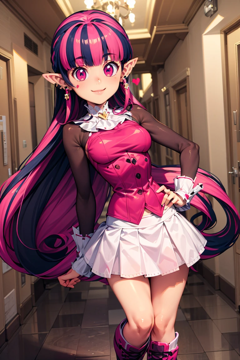 <lora:Bold_CAT:0.6>, <lora:more_details:0.4>, ((masterpiece,best quality)), absurdres, <lora:Draculaura_Anime:0.8>, Draculaura_MH, pink top, black hair, pink hair, multicolored hair, pointy ears, white skirt, pink knee boots, smiling, contrapposto, hearts, hand behind back, hand on hip, wide hips, medium breasts, school hallway, bokeh,