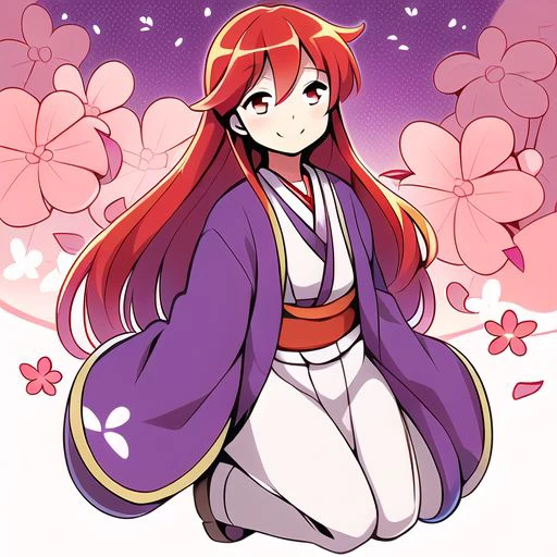 Best quality, most quality, anime style, anime girl, 1girl, solo, masterpiece, full body, smile, blush, Kotohime, 1girl, red hair, red eyes, purple kimono, long sleeves, wide sleeves, red flower markings, flower print, yellow bow,