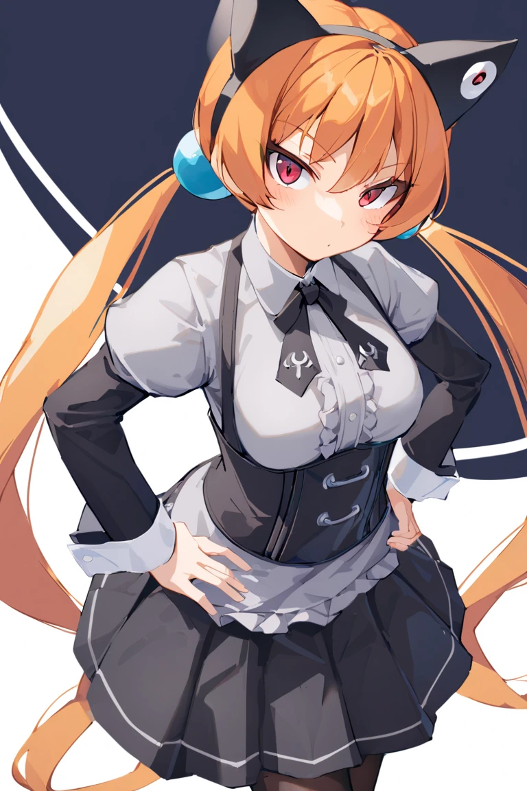 alisa southerncross,1girl, solo, orange hair, animal ears, twintails, pantyhose, long hair, cat ears, red eyes, hand on hip, hair ornament, looking at viewer, white background, black pantyhose, skirt, fake animal ears, simple background, long sleeves
<lora:alisa southerncross e1:0.80>