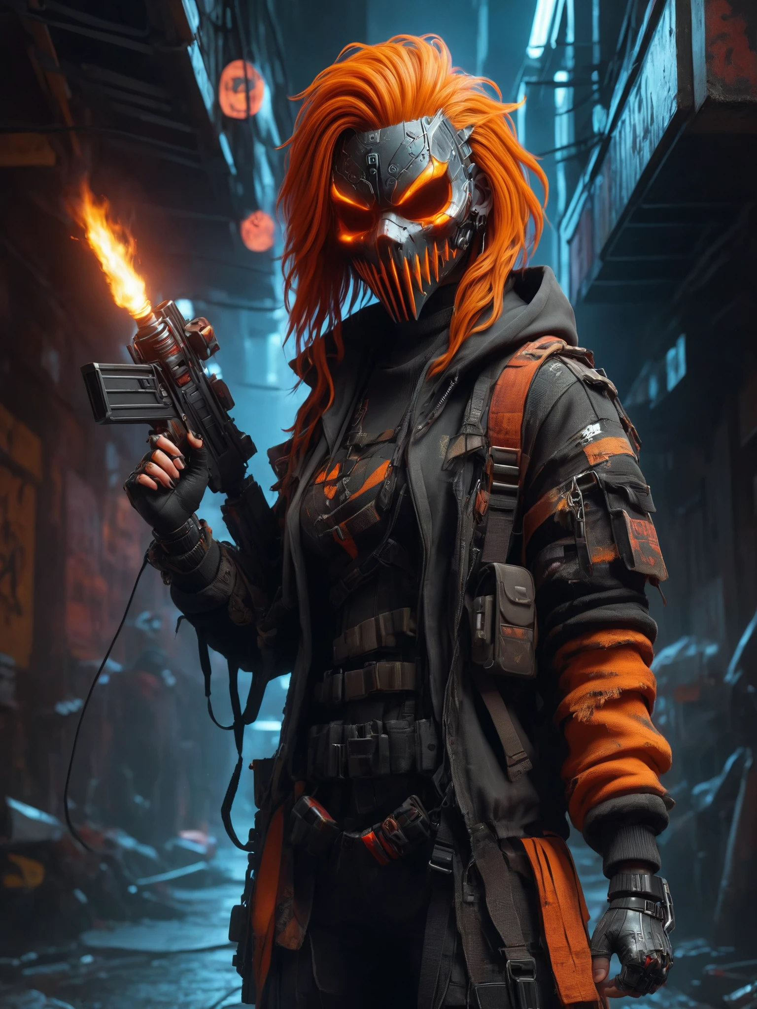 cinematic shot, dramatic lighting, 2men and 2women, mad-hllwnrs, scary mask, hoodie, hood-up, orange hair, dynamic pose, (holding flamethrower:1.3), dimly lit, futuristic urban alleyway, garbage, filith, neon lights, graffiti-covered walls <lora:Neon_Cyberpunk_SDXL_Halloweener:0.8>, (masterpiece:1.2), best quality, (hyperdetailed, highest detailed:1.2), high resolution textures