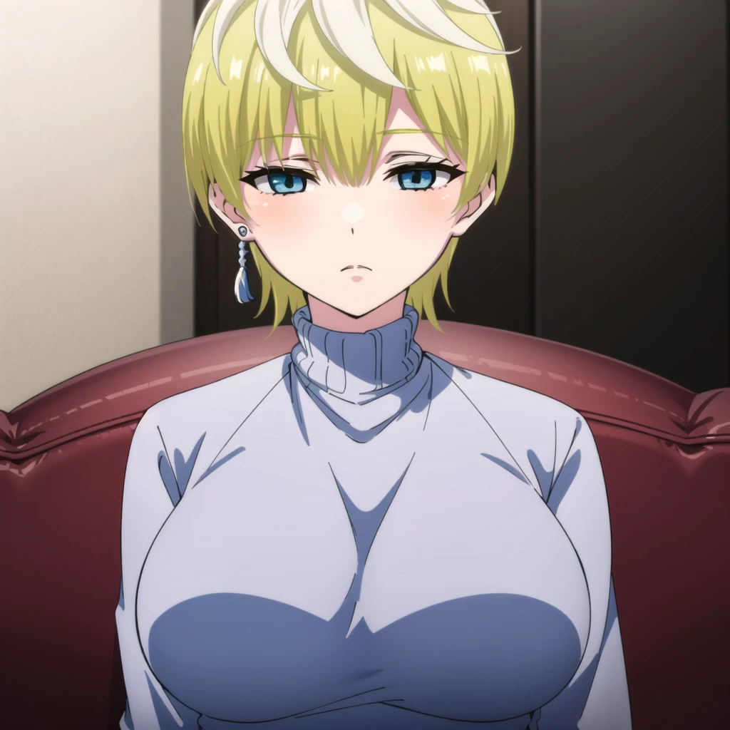 Animated 2D anime girl, Blonde short hair above the shoulders, somewhat curly hair, pale pink lips, pale white skin,blue green eyes, anime