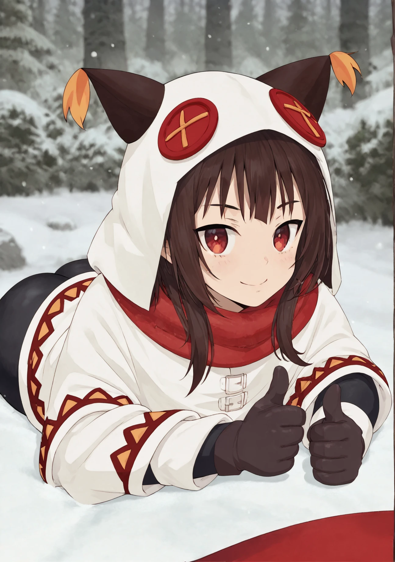 score_8_up, score_7_up, score_6_up, score_5_up, score_4_up, anime screenshot,
<lora:MeguminWinter-000007:0.6>
megumin, 1girl, winter clothes, white hoodie, short hair, red eyes, black bodysuit, gloves,
laying, on stomach, looking at viewer, thumbs up,
forest, snow,