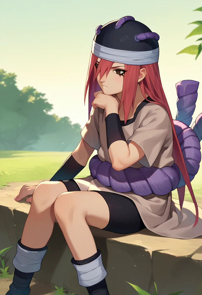 score_9, score_8_up, score_7_up, source_anime, <lora:Tayuya-000012:1> tayuya, red hair, long hair, brown eyes, tan tunic, arm warmers, black headwear, black shorts, outdoors, sitting, purple rope belt,