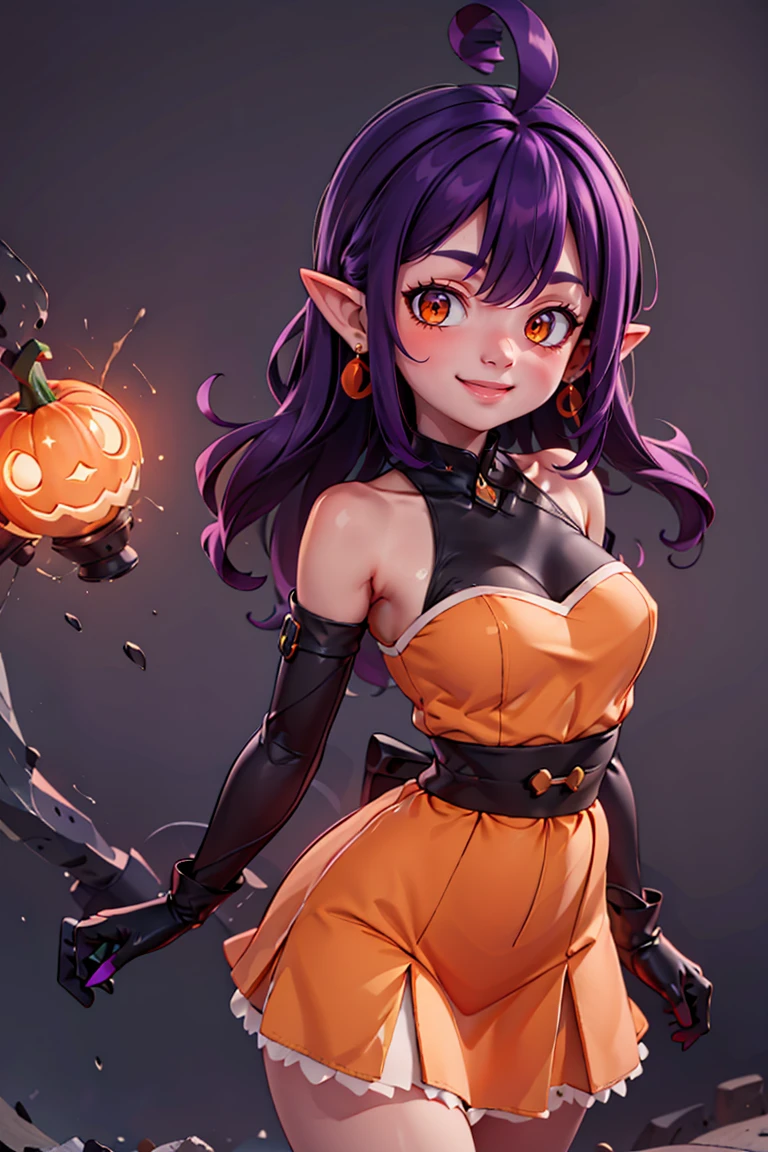 (masterpiece), <lora:Beautiful_CAT_v3:0.8>, best quality, high resolution, highly detailed, perfect lighting,  <lora:Stardust_Pumpkins_Citron_OC_Anime:0.8>, Stardust_Pumpkins_Citron_OC,  1girl, solo, long purple hair,  orange eyes, ahoge, pointy ears, orange dress, elbow gloves, bare shoulders, maid headdress, jewelry, earrings,  solo, smiling, looking at viewer, cowboy shot,   , ,