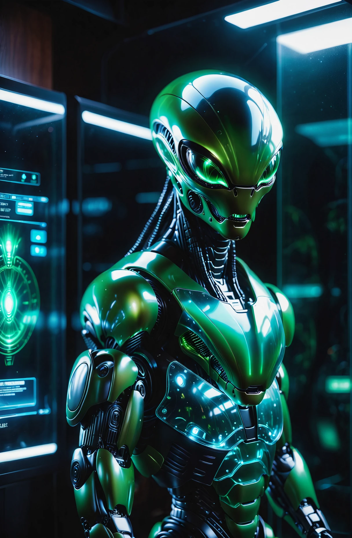 (((solo, realism film scene still , (alien humanoid robot:1.3) , looking at viewer, glowing , cyberpunk, light hologram:1.3, translucent, (glowing green hologram eyes:1.1)
<lora:TechMaker_v1-e6:1>, absurdres, detailed, macro details, 8k, hyper realistic, texture surface details))) !
