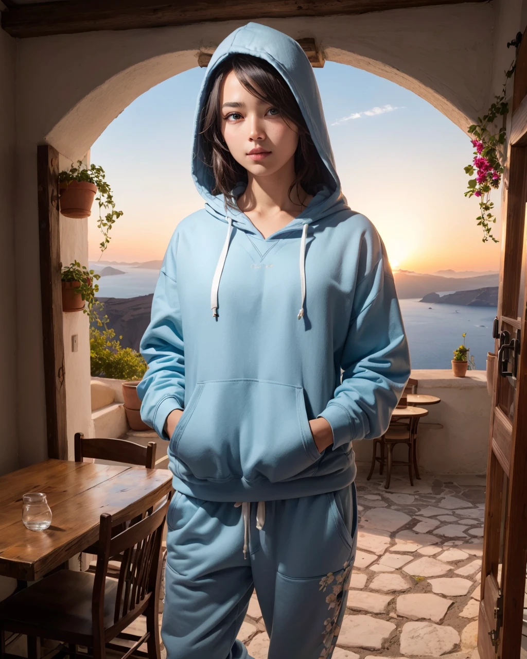 best quality,masterpiece,highly detailed,ultra-detailed, 
trees,fowers. a little house,wooden door,cafe,wooden table,sunset, 
<lora:neg4all_bdsqlsz_V3.5:-1>
 <lora:Santorini:1>santorini,, landscape photography, picturesque, scenic, natural beauty, tranquil, breathtaking, panoramic, 1girl, V-neck Tank Top Joggers , Pants with elastic cuffs at the ankles, often used for sports. (Hooded Sweatshirt:1.3), Cotton or cotton-blend fleece, Various, often casual and sporty, Petite breasts ,,  narrow waist, Mohawk with Spiked Metal Tips - Magenta    , fantastic details full face, dot nose,detailed Pixelated eyes, sky blue iris, arched eyebrows, light blue beautiful Detailed Eyes,    lips