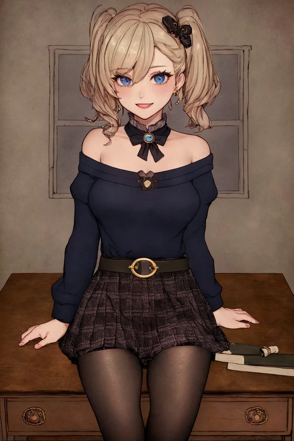 masterpiece, ultra-detailed, best quality, illustration, 8k cg wallpaper, an extremely delicate and beautiful, 1girl, solo, perfect anatomy, cute face, smiling, blushing, sparkling eyes, deep blue eyes, beautiful detailed eyes, dark brown hair, shoulder-length hair, twintails, cute hair accessories, cute earrings, cute choker, slim body, medium breasts, school uniform, perfect arms, perfect hands, perfect fingers, cute arm accessories, cute hand accessories, black belt with gold buckle, light blue plaid miniskirt, cute thigh-high stockings, perfect legs, cute, pretty, beautiful, sexy, perfect body, (background: classroom, desks, chairs, blackboard, windows, intricately detailed items in background), <lora:XStarve:1>