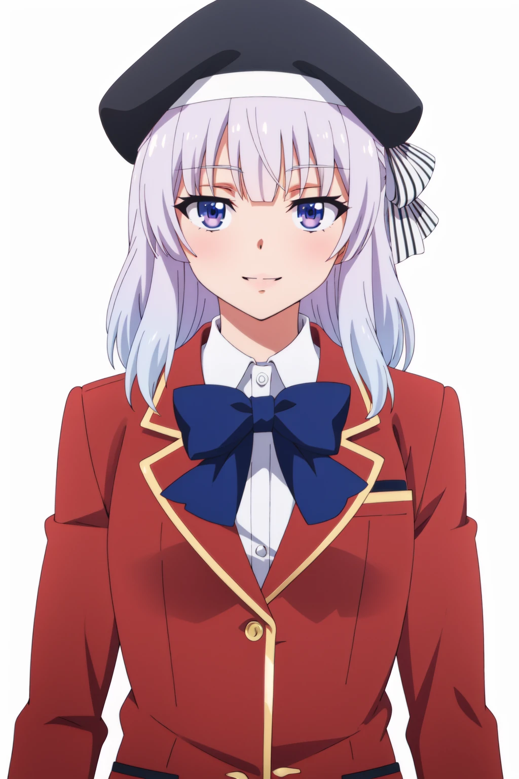 <lora:anime_screencap_v2:0.3>
portrait, solo focus, solo, close-up, (white background, plain background, simple background:1.3), looking at viewer, (parted lips:1.2), (sunlight, bright, sunshine
:1.2)
<lora:cote_sakayanagi-03:0.8> cote_sakayanagi, 1girl, solo, bow, looking at viewer, blue bow, smile, jacket, hat, shirt, beret, school uniform, upper body, bowtie, white shirt, blue eyes, bangs, long hair, black headwear, collared shirt, red jacket, closed mouth, blue bowtie, simple background, blazer, striped