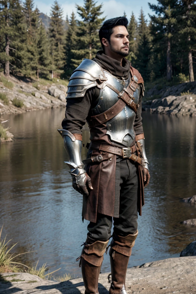 bdo_warrior, realistic image, 1man, full body, right side view, looking at viewer, short black hair, facial hair, leather armor, pauldrons, leather gloves, leather boots, next to a river, forest, masterpiece, perfect anatomy, perfect hands, perfect face, detailed face, handsome face, 8k, best quality, detailed image, photographic image<lora:EMS-299807-EMS:0.800000>