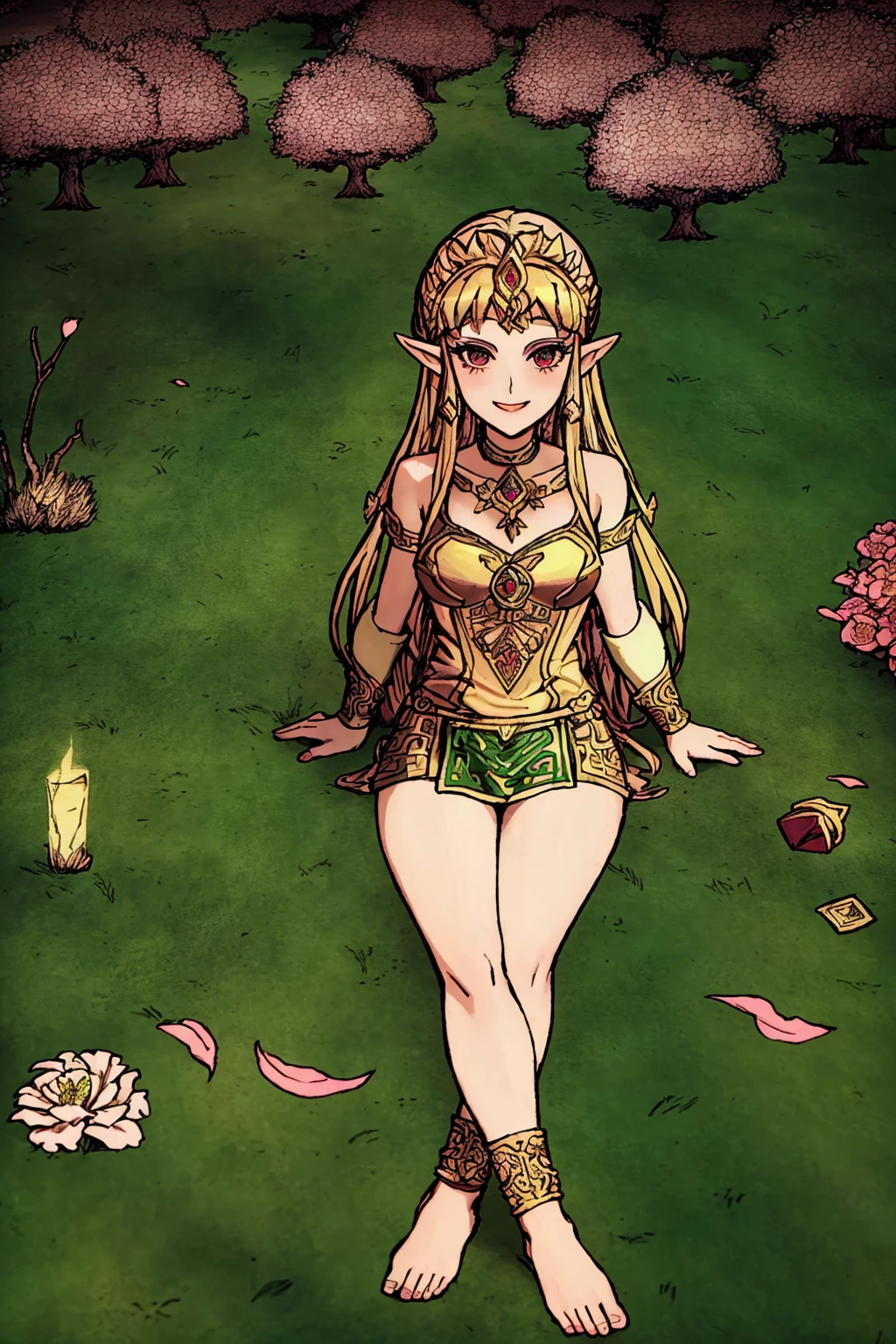 nsfw, naked, nude, masterpiece, ultra-detailed, best quality, illustration, 8k cg wallpaper, an extremely delicate and beautiful, 1girl, Princess Zelda (The Legend of Zelda), solo, perfect anatomy, exposed breasts, perfect nipples, perfect arms, perfect hands, perfect fingers, exposed pussy, pubic hair, perfect legs, cute, pretty, beautiful, sexy, perfect body, (background: flowery meadow, grass, flowers, ruins, trees, intricately detailed items in background), <lora:Okami:1>