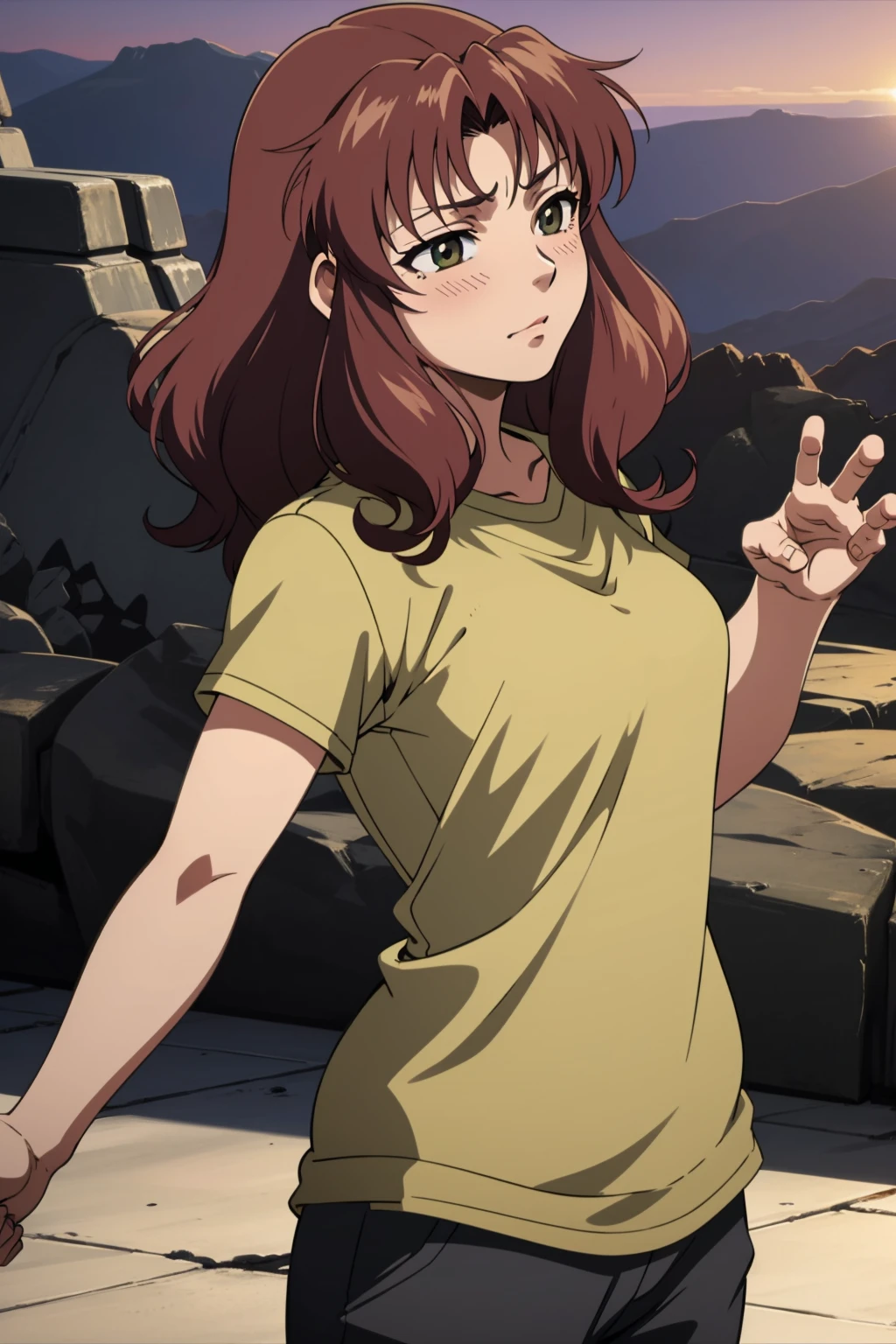 masterpiece, best quality, 1girl, <lora:EPBlackLagoonStyle-08:1>, EPBlackLagoonStyle, 1girl, solo, fill the frame, grand canyon, evening, claw pose, (1man, thin adult pakistani male:1.2), Sapphire eyes, chestnut hair, curly hair, **(shirtless, female, woman, girl, feminine:1.2),**, tearing up