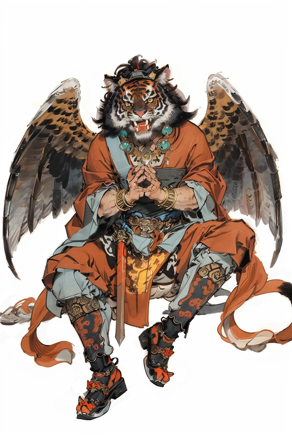 solo, 1boy, jewelry, male focus, sitting, necklace, bracelet, furry, tiger, full body, weapon, own hands together, shoes, beads, sword, fangs, simple background, wings, holding, yellow eyes, looking at viewer, robe, furry maleï¼<lora:md-031-å¤ä»£ç¥è¯æé0.6-0.9:0.7>,, masterpiece,best quality,ultra-detailed,