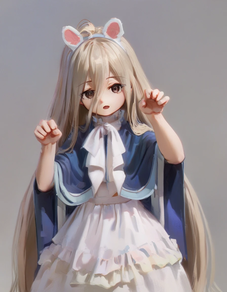 score_9,score_8_up,score_7_up, source_anime, raiting_questionable, a girl is sitted on a desktop, looking at viewer,paw pose, open mouth, fake animal ears, head tilt,
<lora:sweetonedollar_style_xl_v6:1> <lora:sense_sousou no frieren_PONY_last:.8>sense \(sousou no frieren\),brown eyes,very long hair,absurdly long hair,hair between eyes,eyes visible through hair, blue capelet,frilled dress,white long dress
