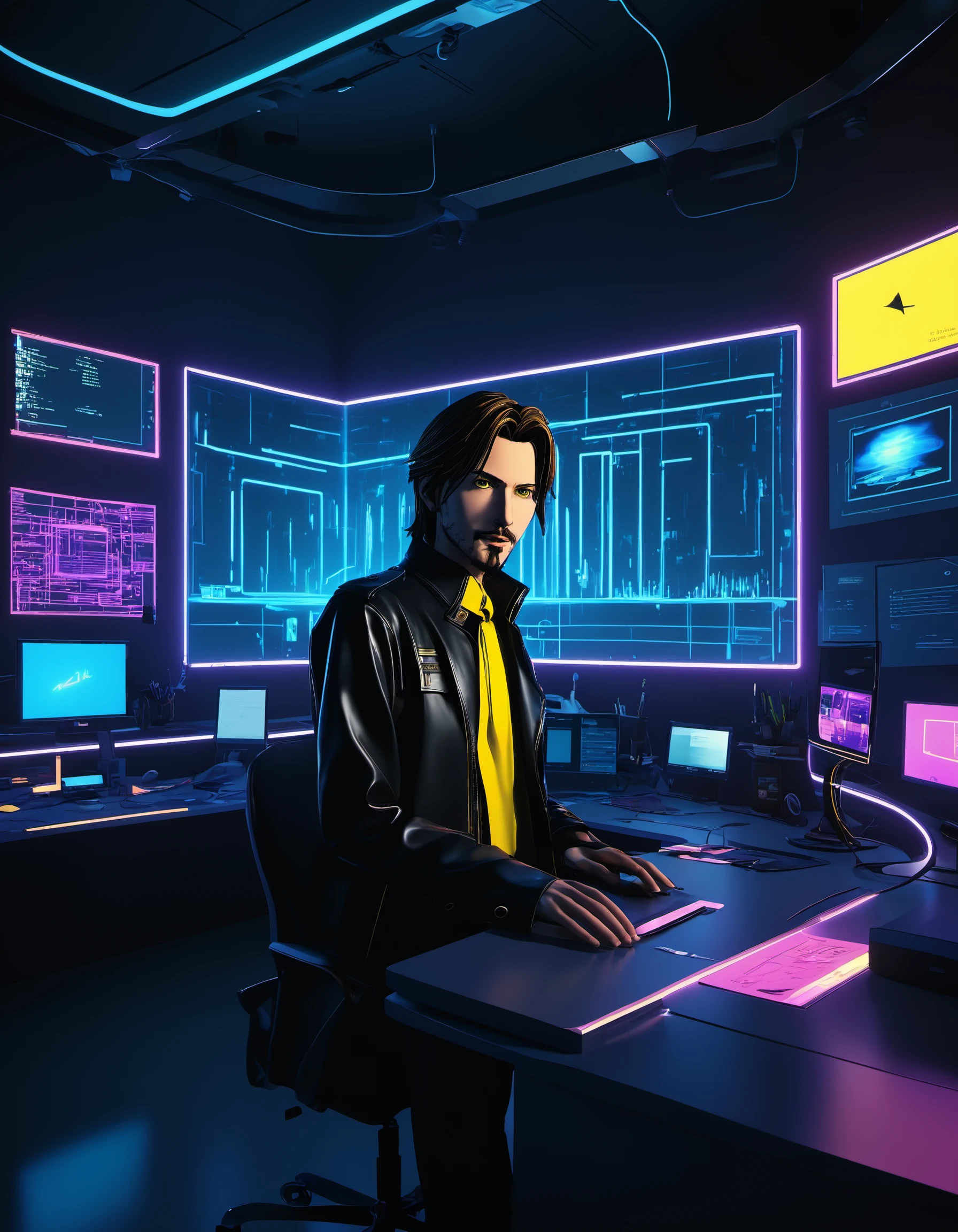 1boy, Final Fantasy VIII, Justin Maier as Squall Leonhart standing near a desk facing the camera, smile, facial hair, stubble, looking at viewer, indoors, professional office, a singular professional CEO desk, minimalist, blue and yellow theme with neon, vaporwave gradient lights, futuristic, dusk theme, movie still, yellow track lights, electric light wires, neon outlines, centered, cinematic lighting, close-up, foreshortening, dark, dark background, desktop wallpaper, SplatterPunk, <lora:SplatterPunkAlphaLora:1>