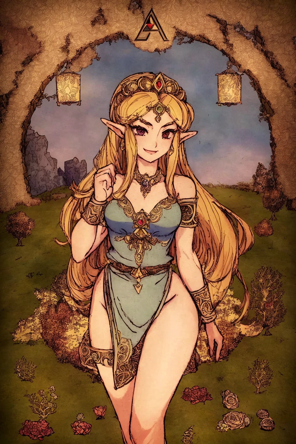 masterpiece, ultra-detailed, best quality, illustration, 8k cg wallpaper, an extremely delicate and beautiful, 1girl, Princess Zelda /(The Legend of Zelda/), solo, perfect anatomy, smiling, blushing, perfect arms, perfect hands, perfect fingers, perfect legs, cute, pretty, beautiful, sexy, perfect body, (background: flowery field, grass, trees, flowers, ruins, intricately detailed items in background), <lora:XStarve:1>