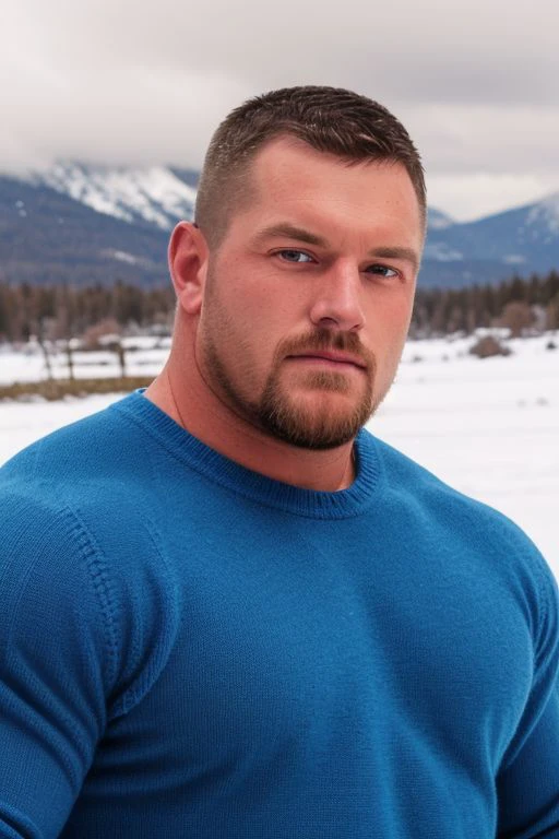 male,close up, handsome musclebearbaker, blue sweater, winter mountains on the background,snow blizzard,precipitation