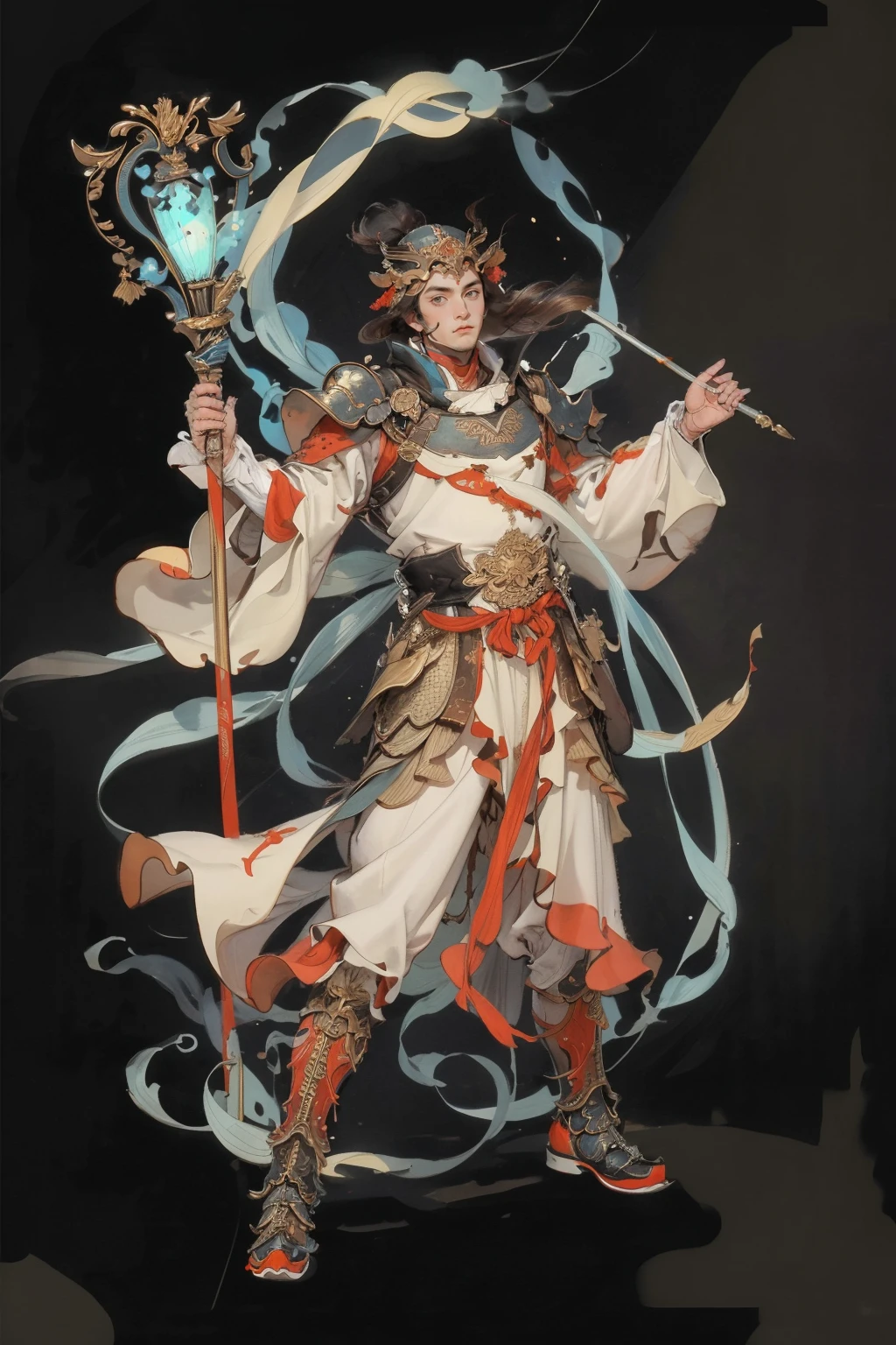 md, solo, holding, armor, 1boy, full body, male focus, holding weapon, long sleeves, holding staff, weapon, staff, shoes, closed mouth<lora:md-031-å¤ä»£ç¥è¯æé0.6-0.9:0.7>,, masterpiece,best quality,ultra-detailed,