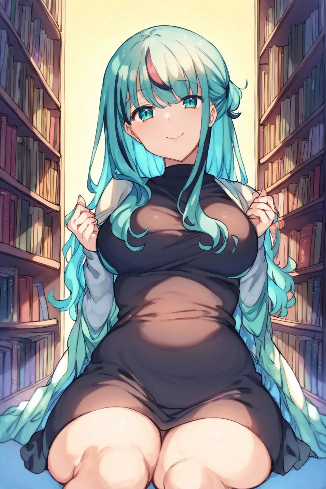 score_9, score_8_up, score_7_up, high resolution, 1girl, wariza, looking at viewer, beautiful face, detailed pupils, closed eyes smile, streaked hair, lone nape hair, wispy bangs, aqua eyes, breasts, god rays, atmospheric perspective, library <lora:Mankai_Kaika_PonyXL_style_v01:1>