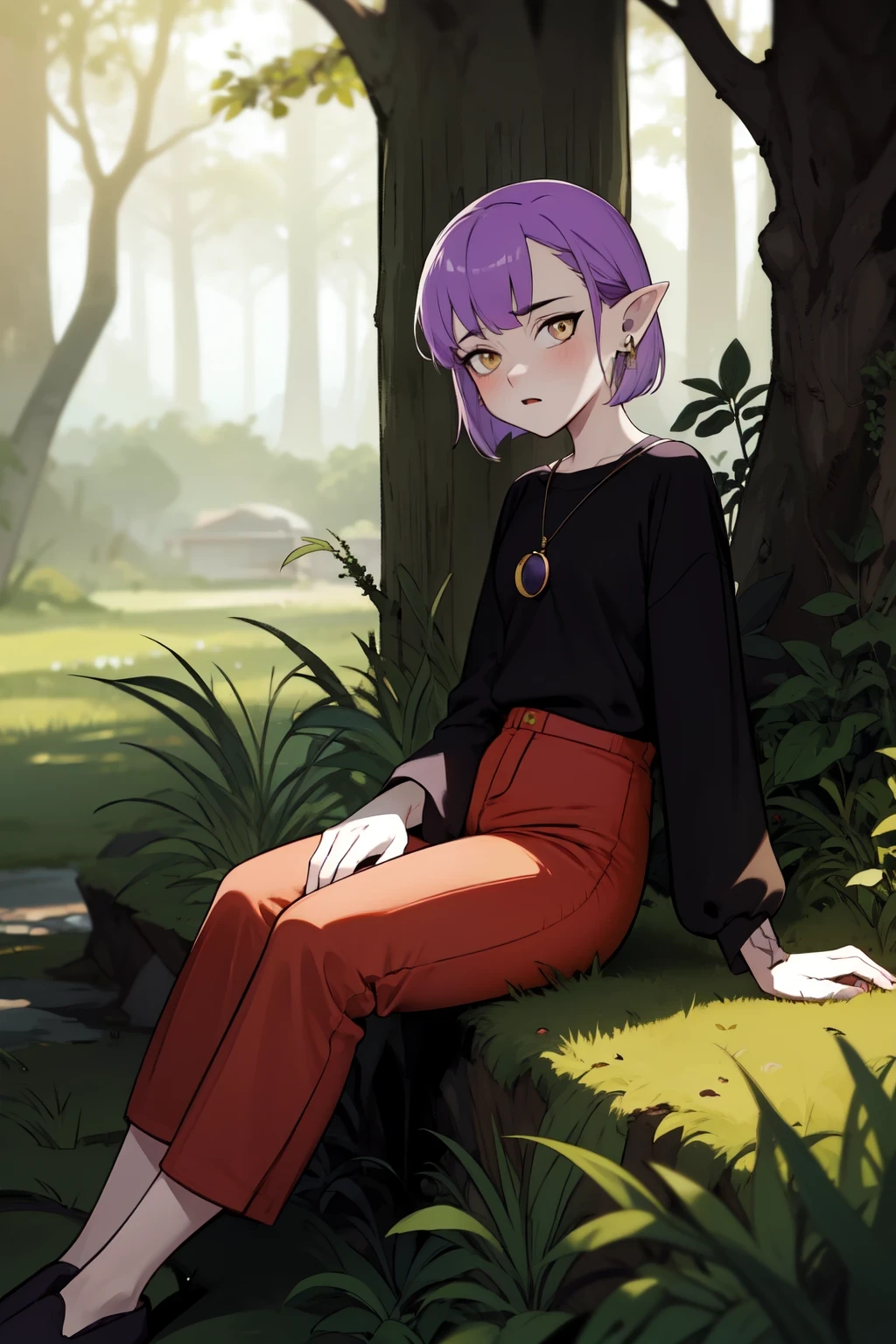 (masterpice, best quality), AmityBlight, makeup, black earrings, yellow eyes, short hair, (purple hair:1.4), pointed ears, black shirt, long sleeves, loose-fitting shirt, amulet, (red pants:1.5), sitting, outdoors, forest, tree