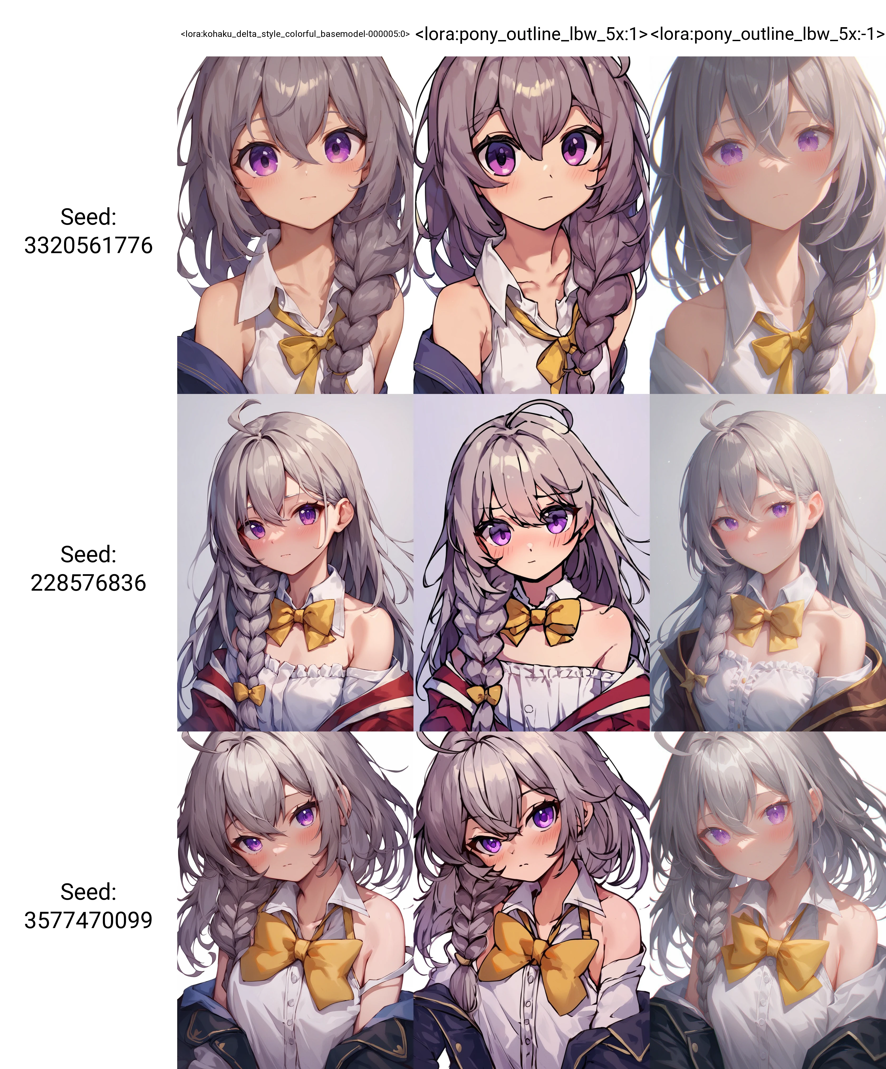 core_9, score_8_up, score_7_up,source_anime,
1girl,solo,long hair,looking at viewer,blush,bangs,simple background,white background,ribbon,hair between eyes,bare shoulders,closed mouth,purple eyes,collarbone,white shirt,upper body,ahoge,grey hair,open clothes,collared shirt,bowtie,off shoulder,sleeveless shirt,single braid,yellow bow,
masterpiece,best quality,absurdres,
<lora:kohaku_delta_style_colorful_basemodel-000005:0> ,