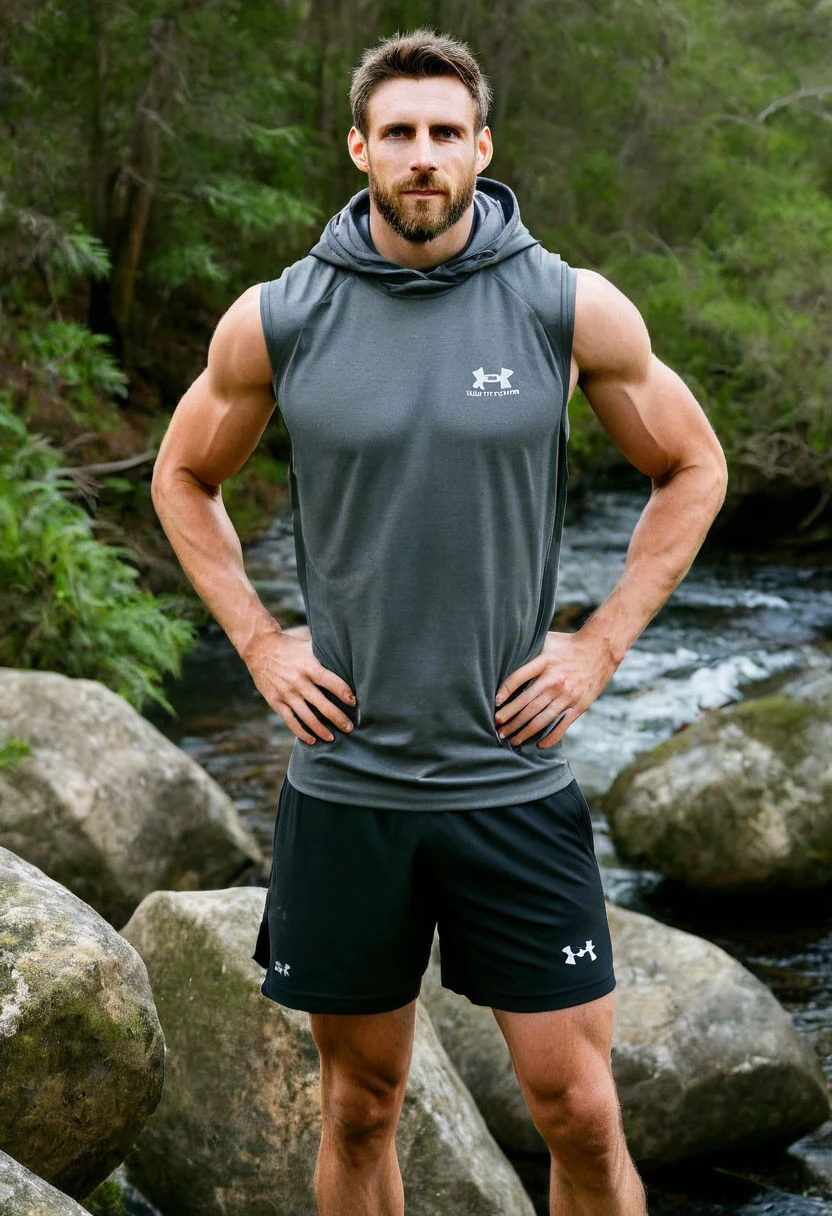 photo of Lionel Messi a man<lora:shaun-Lionel-Messi:1>, wearing a sleeveless well-fitted under armour hoodie and compression shorts, standing on a boulder, outdoor trail, 35mm photograph, film, bokeh, professional, 4k, highly detailed, creek in the background, natural lighting, golden hour