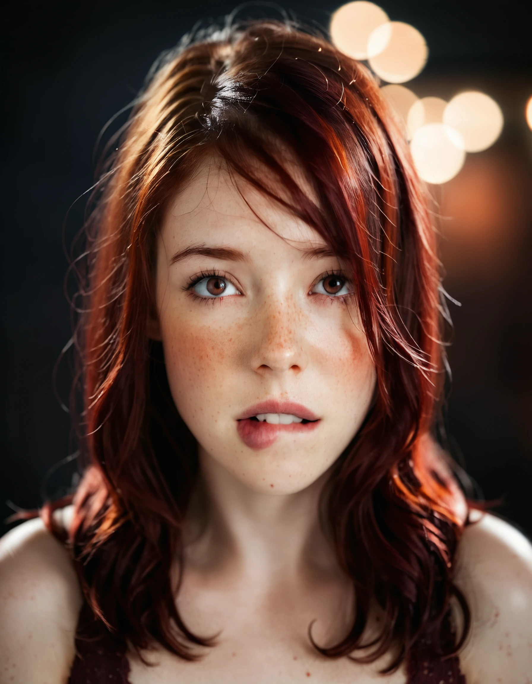 raw photo, beautiful woman, biting own lip, (aroused), portrait, dark background, bokeh, lights, red hair, dark studio, muted colors, freckles