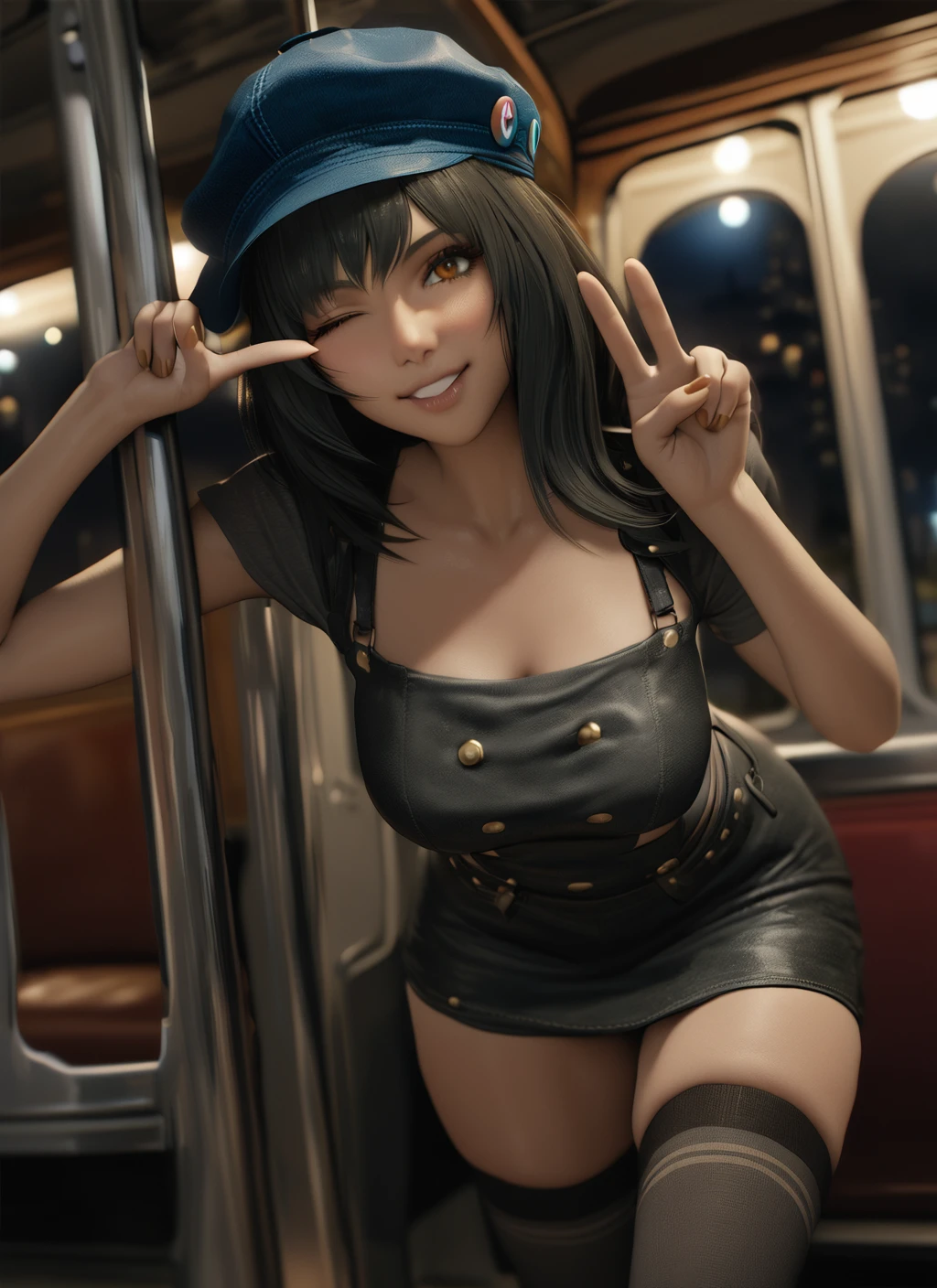 masterpiece, best quality, kyrie canaan, cabbie hat, thighhighs, looking at viewer, brown eyes, black hair, night, streetcar, v, smile, one eye closed, <lora:za_ff7_kyrie canaan_a3:0.6>