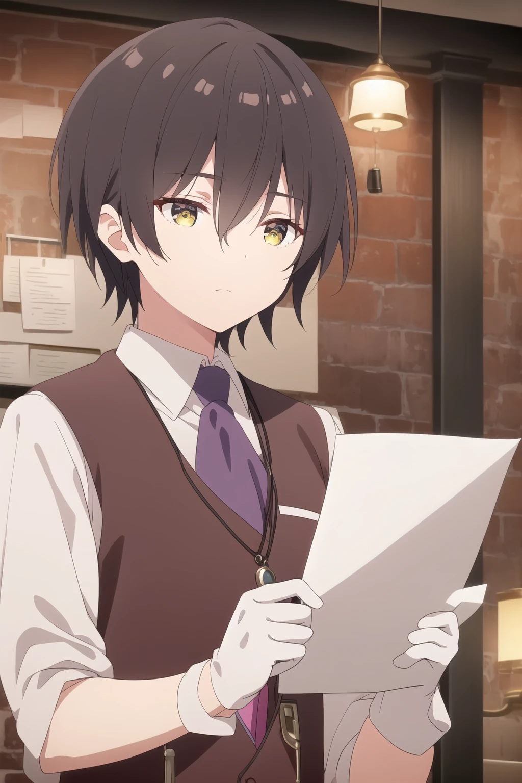 solo, short hair, bangs, brown hair, shirt, black hair, gloves, 1boy, holding, hair between eyes, closed mouth, yellow eyes, white shirt, upper body, male focus, necktie, collared shirt, indoors, white gloves, vest, ascot, paper, red vest, lamp, brick wall, brown vest, holding paper