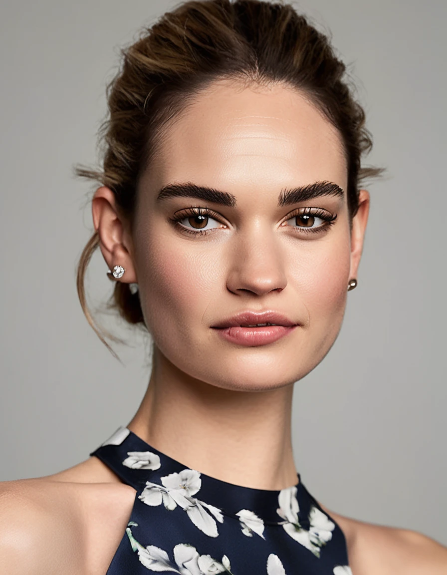 <lora:Lily James-000006:1.0>, professional portrait photo of llyjmscnd woman, looking at the camera , slight smile,
