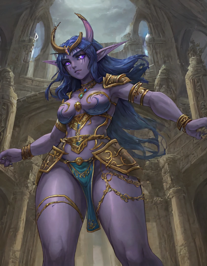 masterpiece, best quality, absurdres, night elf, medium breasts, colored skin, purple skin, curvy, wide hips, thick thighs,
blue hair, medium hair, blunt bangs,
purple eyes,
armor, bracer, bracelet, breastplate, loincloth, jewelry, necklace, bracelet, anklet, ring, o-ring, circlet, armlet, 
lying, from below, back focus,