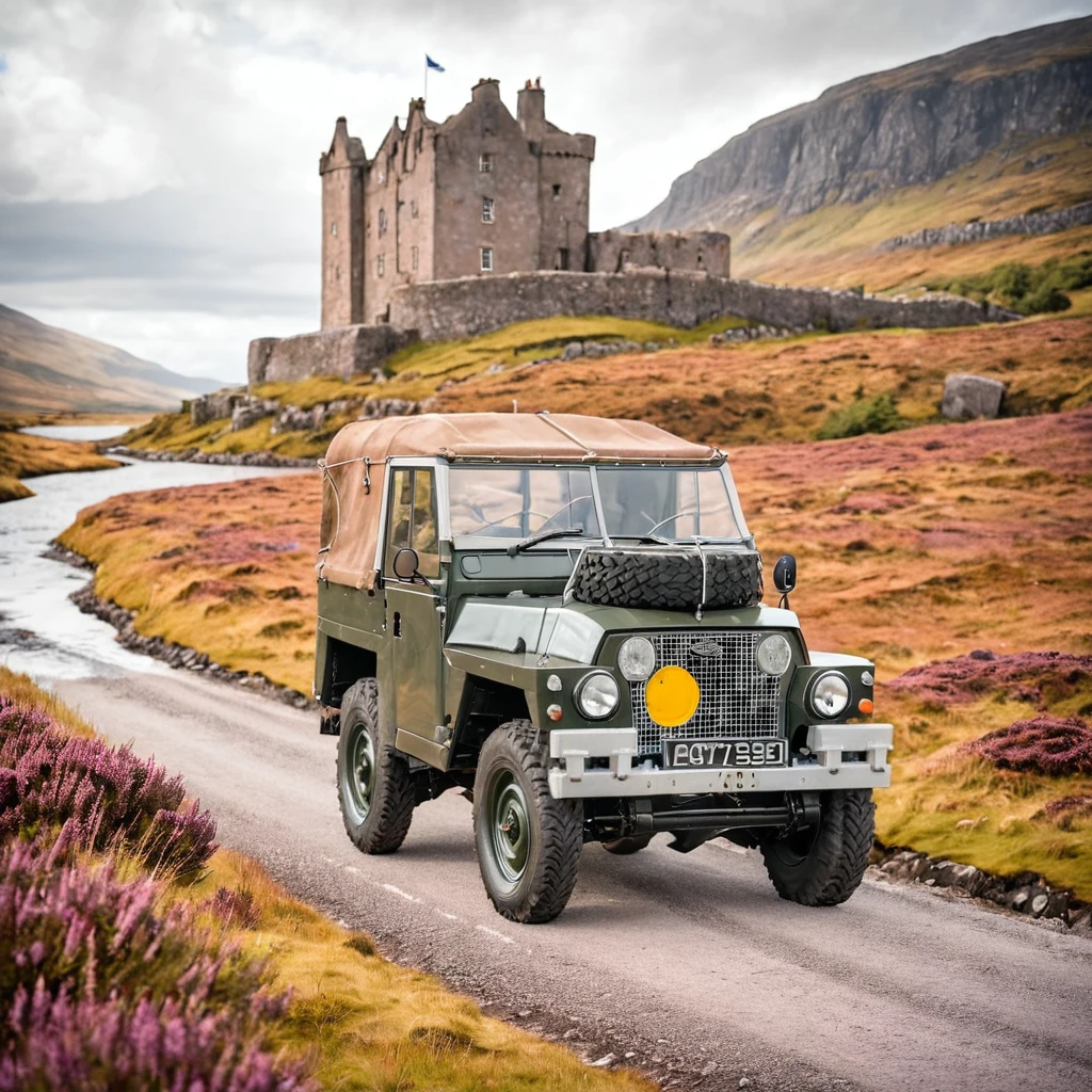 a farmer driving a lghtwght land rover across the scottish highlands, driving, castles, scotland, rivers, lakes, stags, heather,