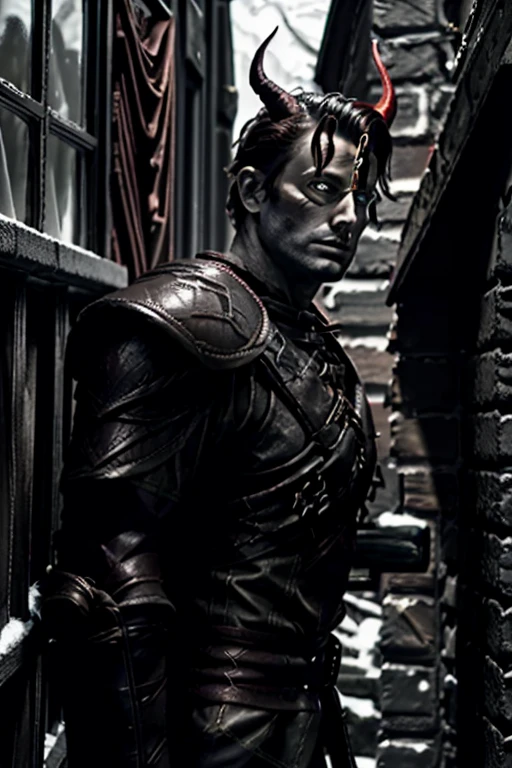 1boy, male focus, <lora:Skyrim-Thieves V2 :0.8> skyrim-thieves-guild-armor, armor, leather, belt, shoulder armor, pauldrons, pouch, jacket, outdoors, forest with huge trees , looking at the camera, smirking <lora:CELEB DavidTennantV3:0.6> <lora:RPGTiefling:0.8> rpgtiefling,,demon wings,demon horns,red skin,demon wings,demon horns, colored skin