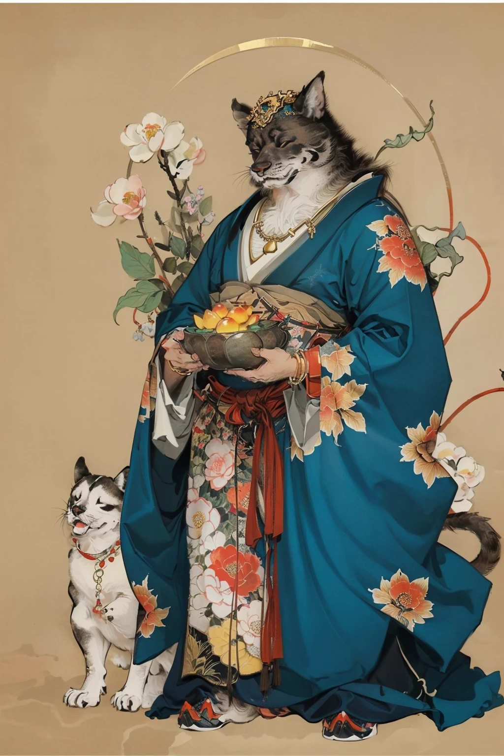 jewelry,bracelet,solo,full body,simple background,standing,necklace,furry,1boy,furry male,male focus,closed eyes,holding,japanese clothes,beads,brown background,floral print,robe,<lora:md-031-å¤ä»£ç¥è¯æé0.6-0.9:0.7>,, masterpiece,best quality,ultra-detailed,