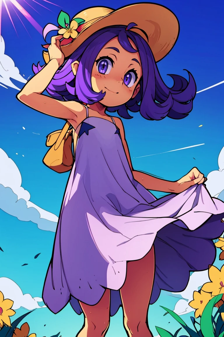 ((masterpiece, best quality)), <lora:Bold_CAT:0.8>,    <lora:Acerola_Pokemon:0.8>,  acerola (pokemon), purple hair, purple hair, topknot, flipped hair,  smile, looking at viewer, ,  white sundress, sun hat, flowing winds, sunny, outdoors,