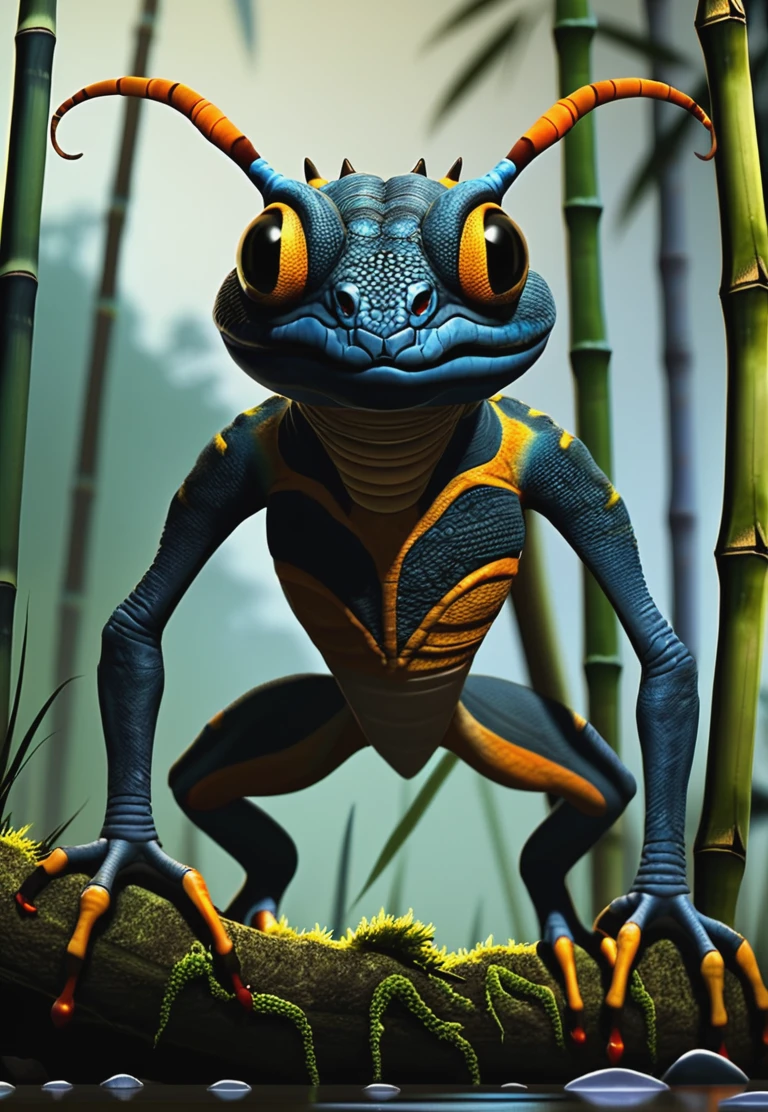 A cinematic still photo of a realistic insect reptile like monster with strong legs ivory eyes and yellow and orange markings, a thin red streak down his thorax, emerging from a grungy mossy bamboo jungle,) blue liquid puddles catch the dusk sunlight,  deviant horror, [brown and grey bias with a dark amber sky] vivid multi-color accents in hidden areas, <lora:Radiant Edge:-1.3>