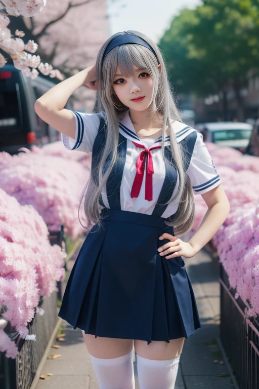 ltra-detailed,highly detailed,best quality,masterpiece,illustration,realistic,photorealistic,
clannad, hikarizaka private high school uniform, summer uniform,
1girl, solo, cosplay,
serafuku, short sleeves shirt, sailor collar, suspender skirt, thighhighs, neck ribbon,
bangs, hair ornament, very long hair, grey hair, hairband,
looking at viewer, standing, cowboy shot,
outdoors, photo background, plant, day, cherry blossoms, falling petals, wind,
<lora:clannad_v1_07:0.8>