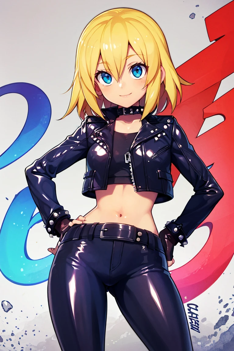 <lora:Bold_CAT:0.5>, 
((masterpiece,best quality)), 
<lora:Alice_Margatroid_Touhou:0.8>, Alice_Margatroid_Touhou,  alice margatroid, 1girl, short hair, blonde hair, 
 leather jacket, leather pants, black jacket, tight pants, black choker, zipper, fingerless gloves, biker clothes, spikes, unzipped, multiple belts, shiny clothes, high collar, (graffiti:1.2), brick wall, hand on hip, 
solo, smiling, looking at viewer, cowboy shot,