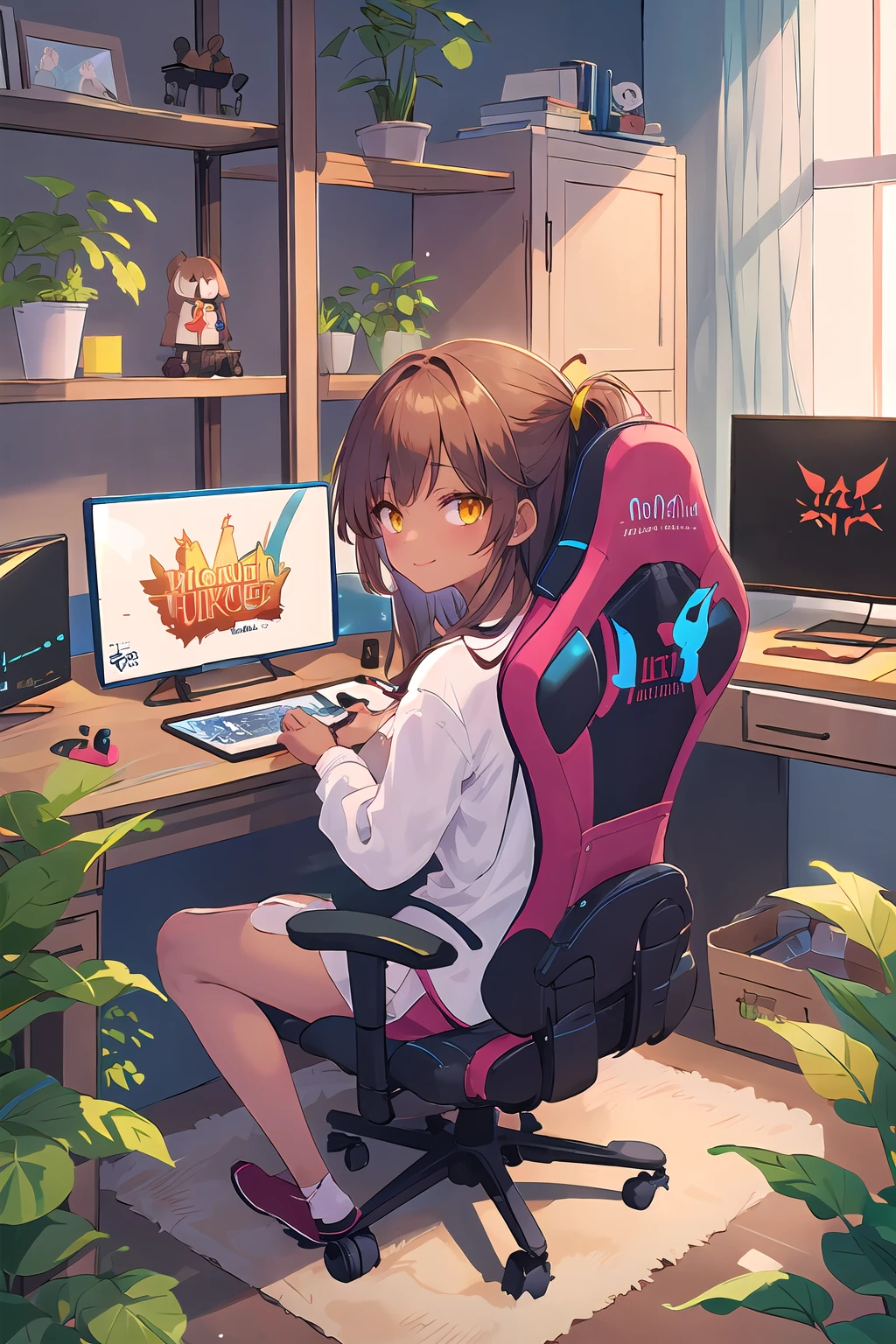 hires,high quality,best quality,1girl,mature female,game controller, shirt,(dark skin:1.2),(dark skinned female:1.2), yellow eyes,smirk, long hair, (holding game controller:1.2),large breasts, brown hair, monitor, posters, shelf, plant, figurine,gaming-room, gaming chair, sitting on chair, playing games,focused expression,game on screen, from behind, controller, gamepad, shorts, energy drink can
<lora:Gaming Room:1>