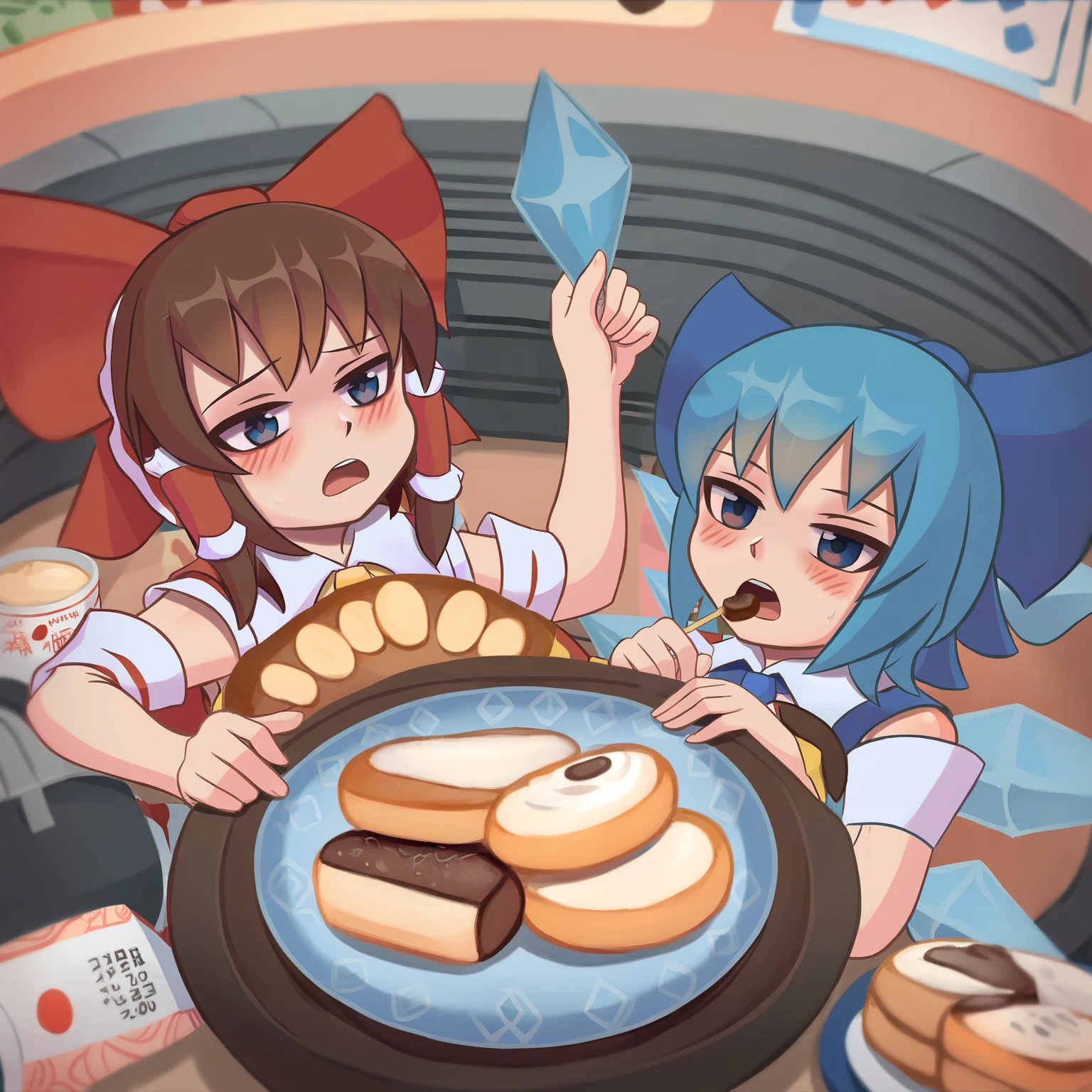 score_9, best quality, masterpiece, uncensored, source_anime
BREAK
long hair, blush, short hair, open mouth, bangs, blue eyes, brown hair, shirt, dress, bow, blue hair, white shirt, short sleeves, hair bow, detached sleeves, food, wings, 2girls, red bow, blue dress, ice, ice wings, hakurei reimu, cirno
<lora:duhota_pony_v2:1>