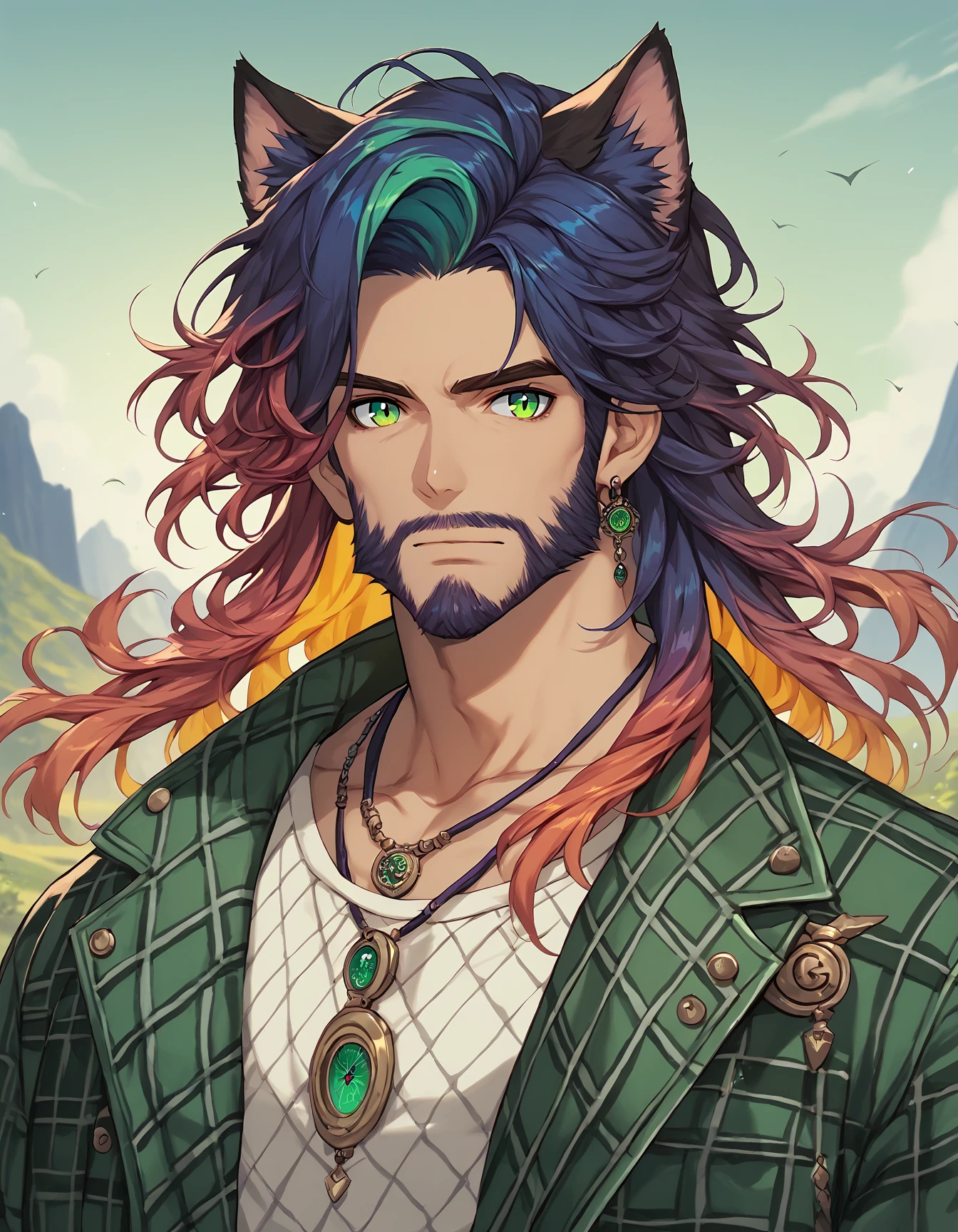 score_9, score_8_up, score_7_up, score_6_up, score_5_up, score_4_up, 1boy, mature, long face, oval shaped face, animal ears, beard, cat ear, animal ears, facial hair, green eyes, green leather jacket, white shirt, scottish plaid kilt, auburn hair, ombre hair, gradient hair, black hair, blue hair, two tone hair, striped hair, dyed bangs, red hair, purple hair, green hair, orange hair, pink hair, multicolored hair, shiny skin, detailed eyes, long hair, wild hair, necklace, male focus, solo, upper body, wind swept hair, celtic background, outdoors, ireland, dusk