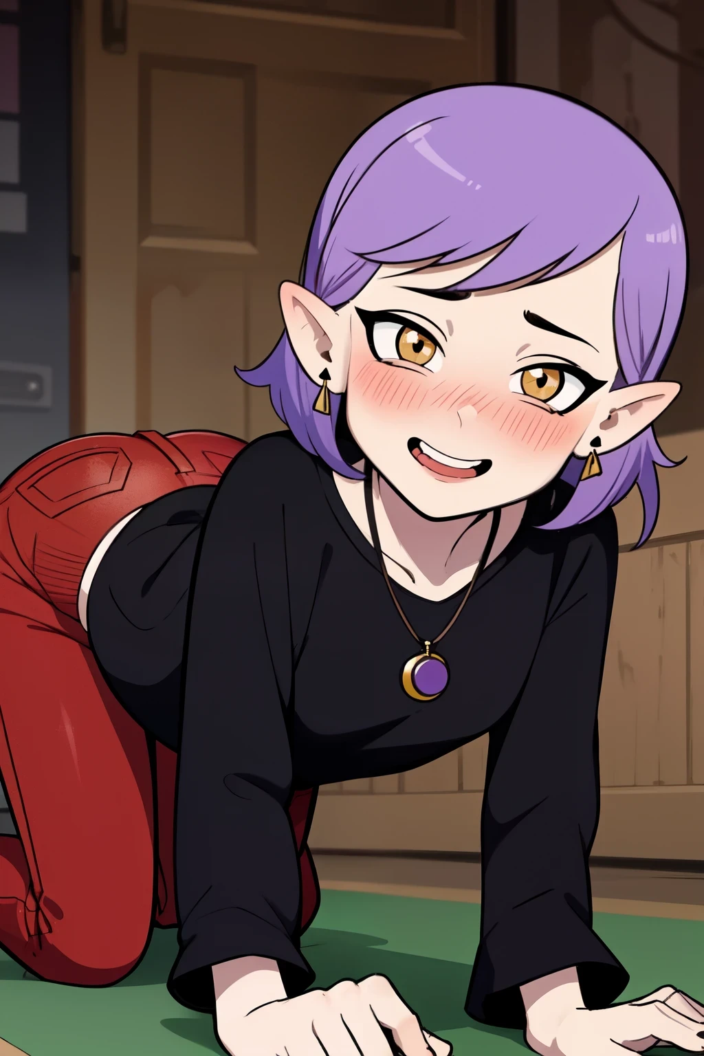 (masterpice, best quality), AmityBlight, makeup, black earrings, yellow eyes, short hair, (purple hair:1.4), pointed ears, black shirt, long sleeves, loose-fitting shirt, amulet, (red pants:1.5), all fours, looking at viewer, seductive smile, naughty face, nose blush