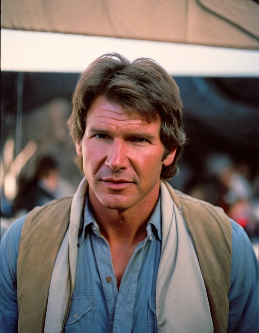 <lora:analogXLrelease:1> analog style photograph portrait of Harrison Ford as Han Solo, star wars behind the scenes