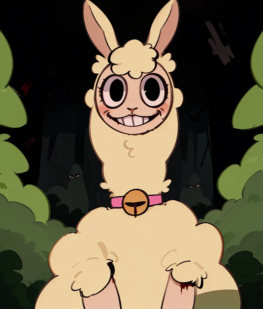 furry,alpaca_carlesi,long neck,big eyes,black eyes,crazy grin,bunny ears,bell choker,fluffy,cuteg,cartoonized,blood_trail,forest,night,darkness,horror \(theme\),Hungry Lamu,<lora:Hungry_Lamu_v1:0.8>,