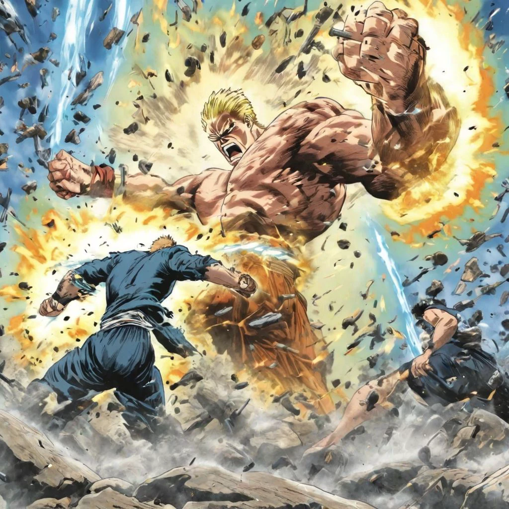 man fighting giant, guns, power attack, finishing move, action shot